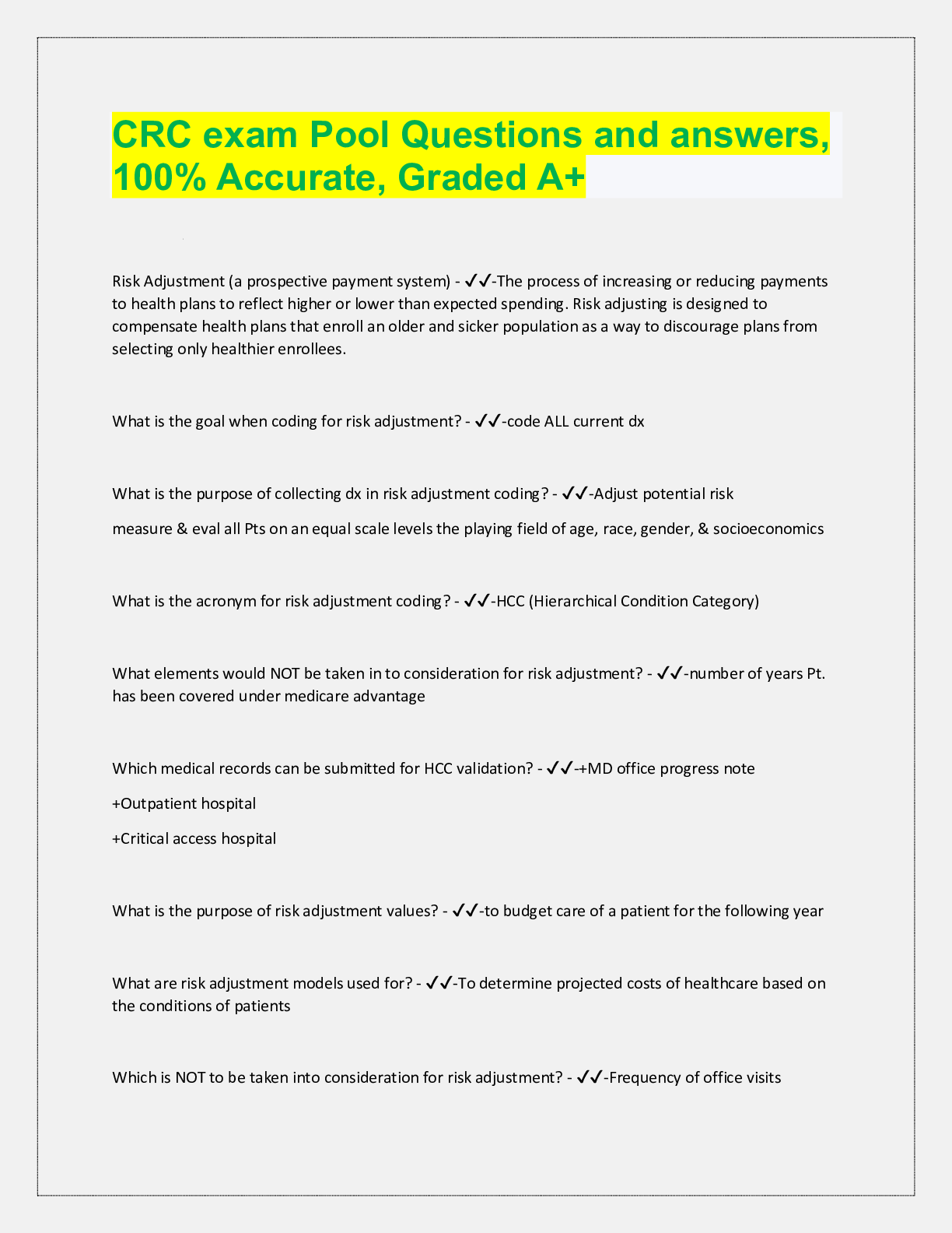 Preview image for CRC exam Pool Questions and answers,  100% Accurate, Graded A+